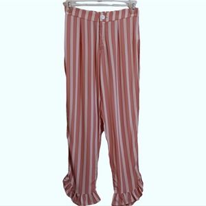 Stevie Sister high rise striped trouser sz S ruffle hem dusty pink and white